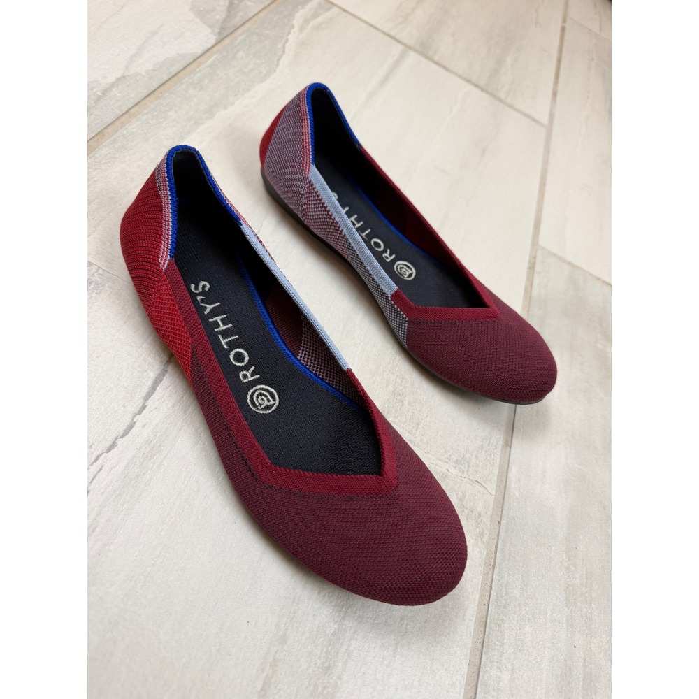 Rothys The Flat Womens 6.5 Red Burgundy Colorblock Knit Round Toe Ballet Flats